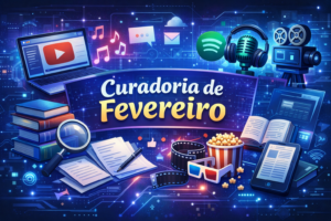 Imagem de capa da curadoria representando várias coisas que podem ser referenciadas como vídeos, textos, filmes e outros